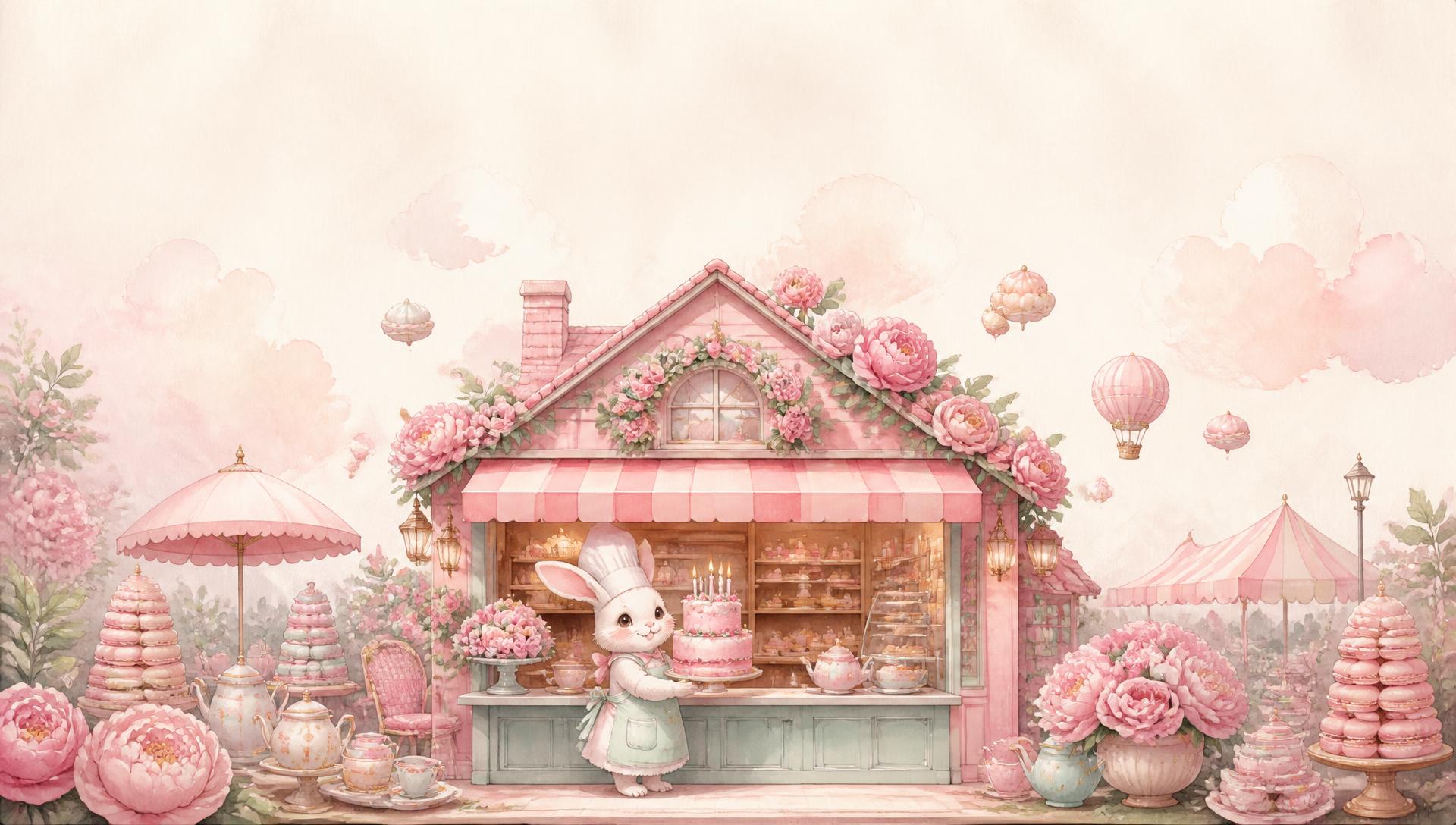 Watercolour illustration of the Sugar Bunny bakery with peonies, balloons and pink awnings