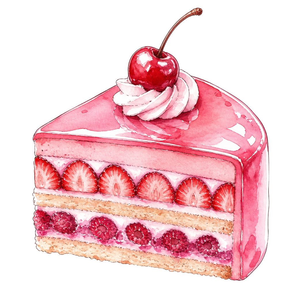 Watercolour painting of a slice of pink peony cake with strawberries and a cherry
