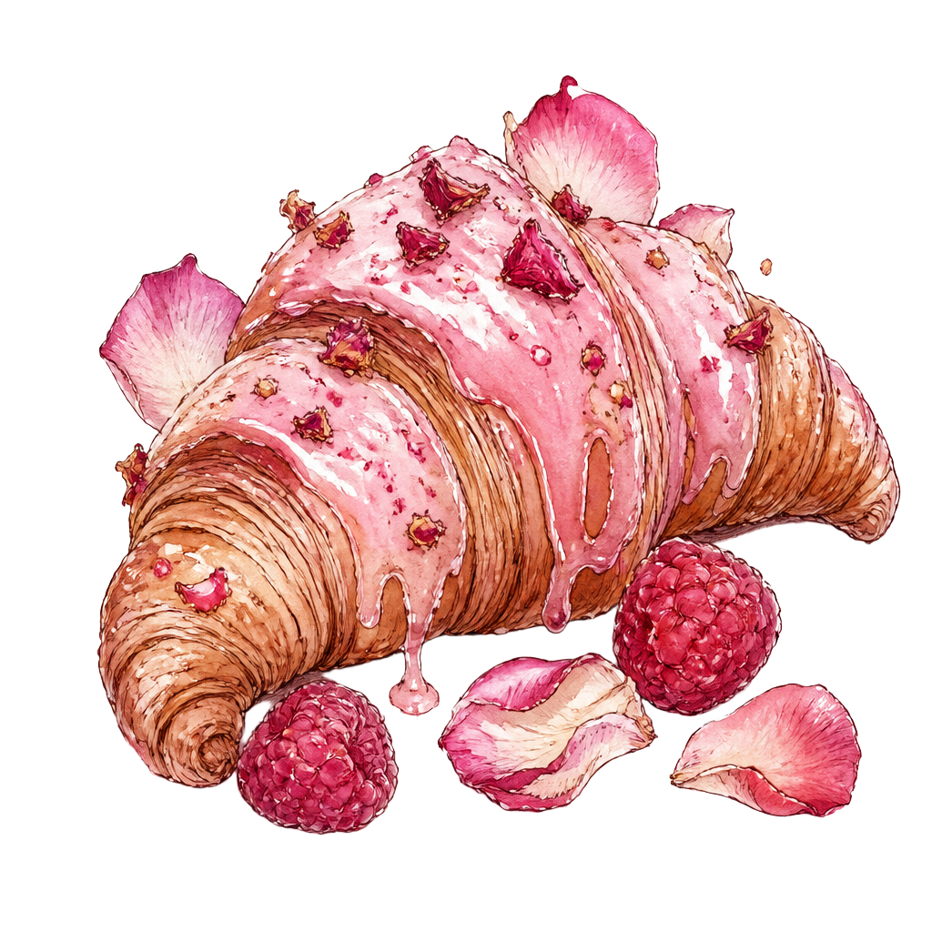 Watercolour painting of a croissant with pink glaze, raspberries and rose petals