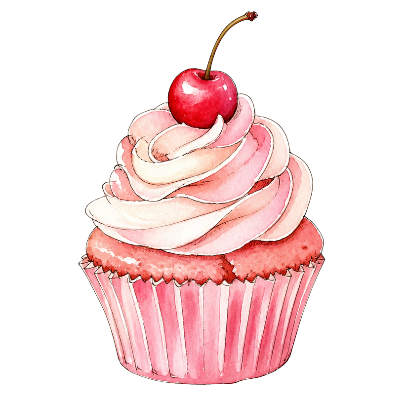 Watercolour painting of a cupcake with a piped cream rose and a cherry