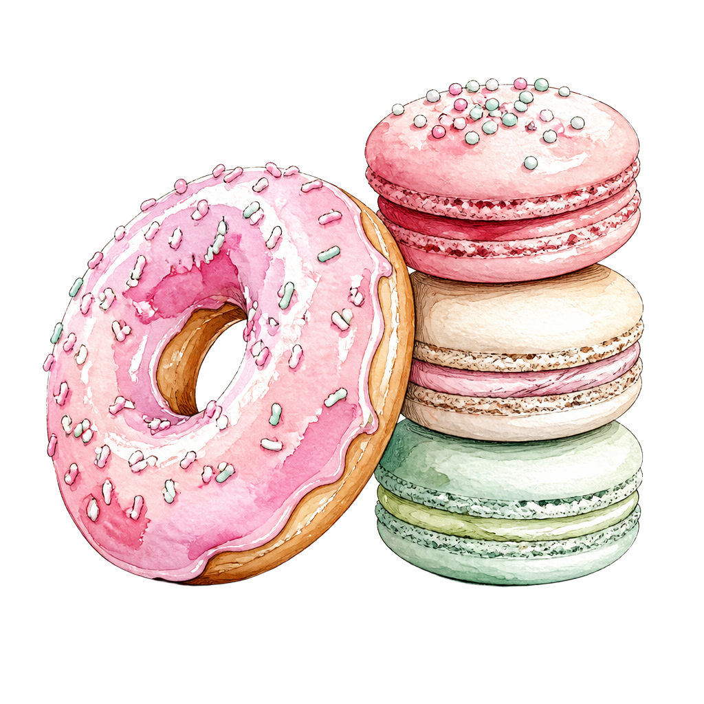 Watercolour painting of a doughnut and a little tower of macarons